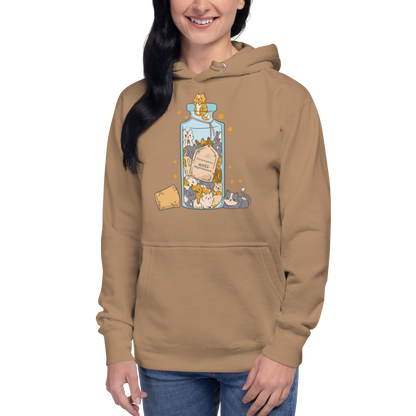 Woman wearing a Funny Purrscription: Anti-depressants Cat premium graphic hoodie in latte brown by Boozy Fox