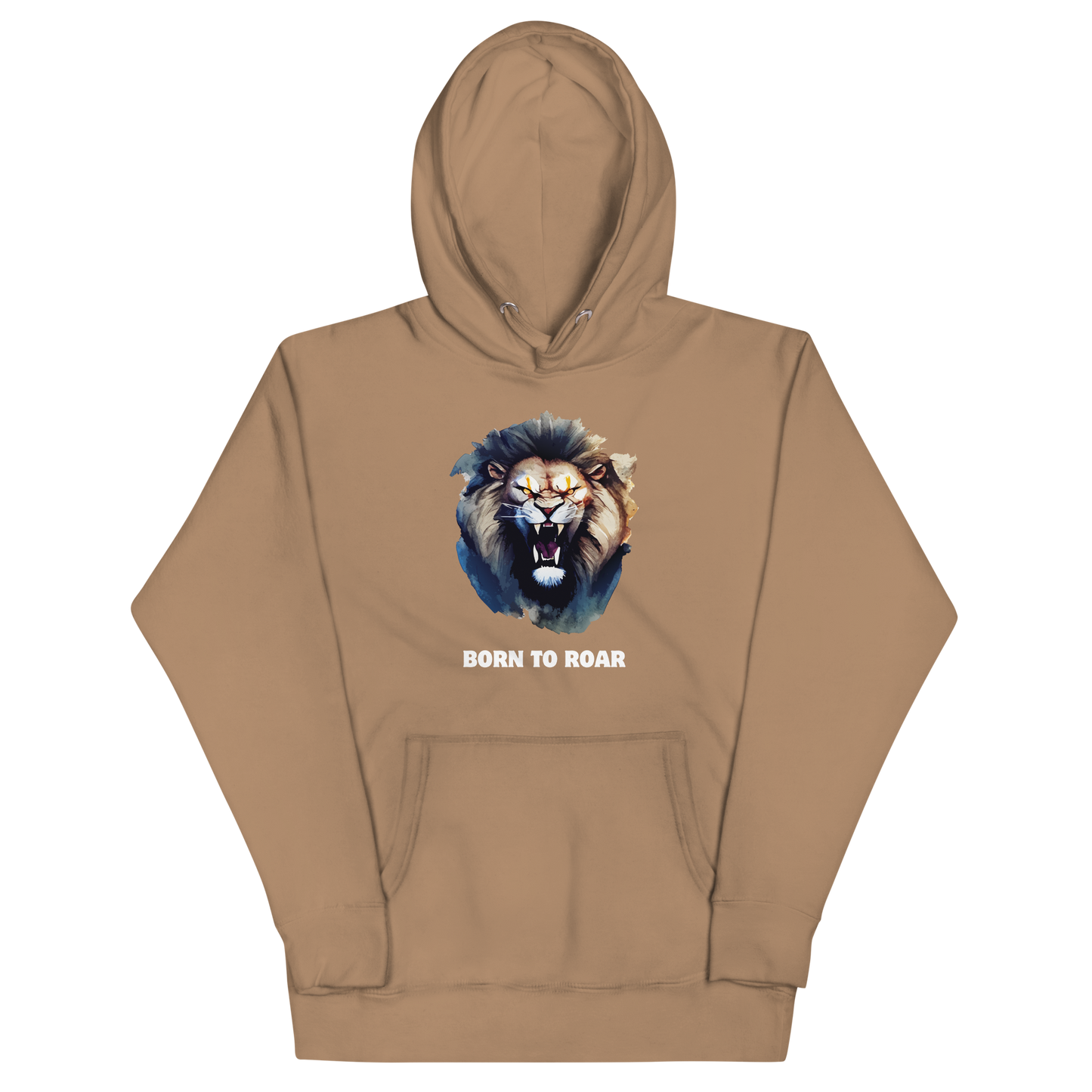 Funny Born to Roar Angry Lion premium graphic hoodie in latte brown by Boozy Fox