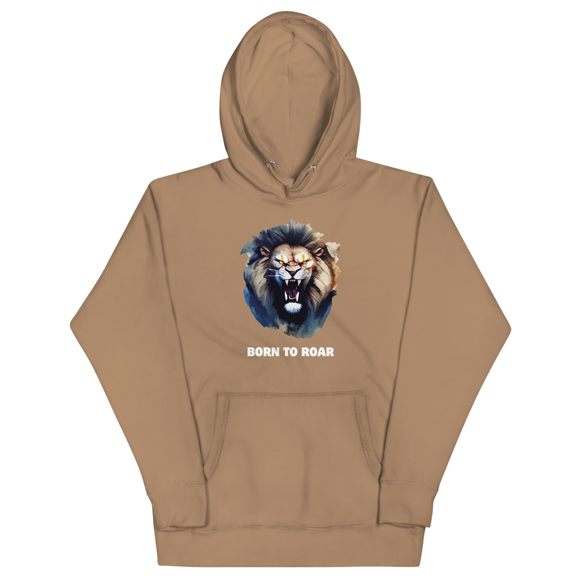 Funny Born to Roar Angry Lion premium graphic hoodie in latte brown by Boozy Fox