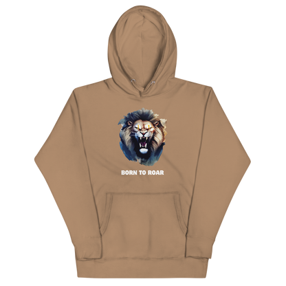 Funny Born to Roar Angry Lion premium graphic hoodie in latte brown by Boozy Fox