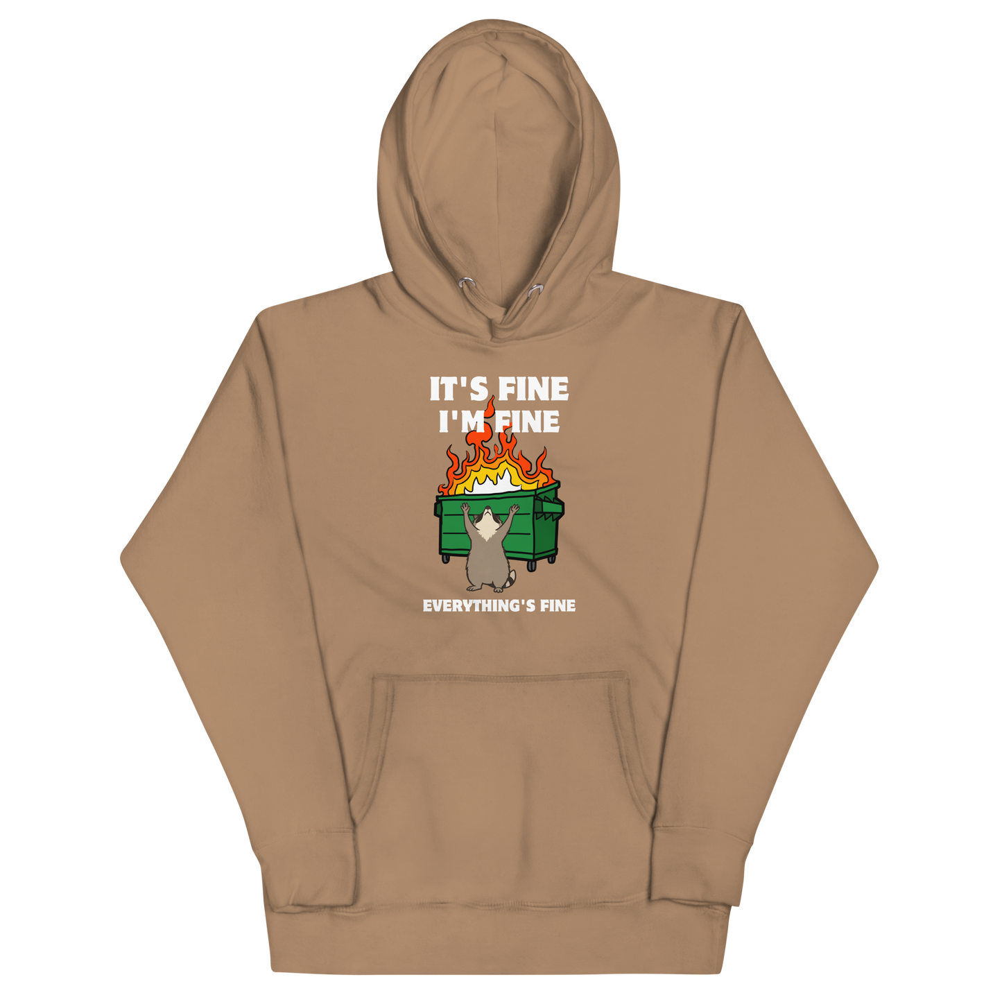 Funny Dumpster Fire Raccoon premium graphic hoodie in latte brown by Boozy Fox