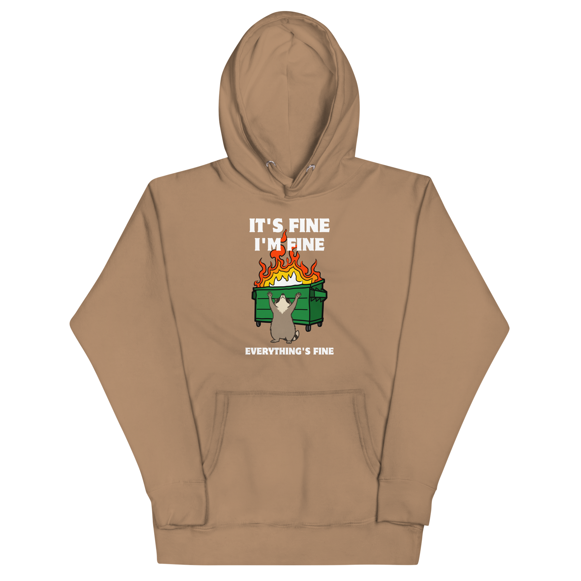 Funny Dumpster Fire Raccoon premium graphic hoodie in latte brown by Boozy Fox