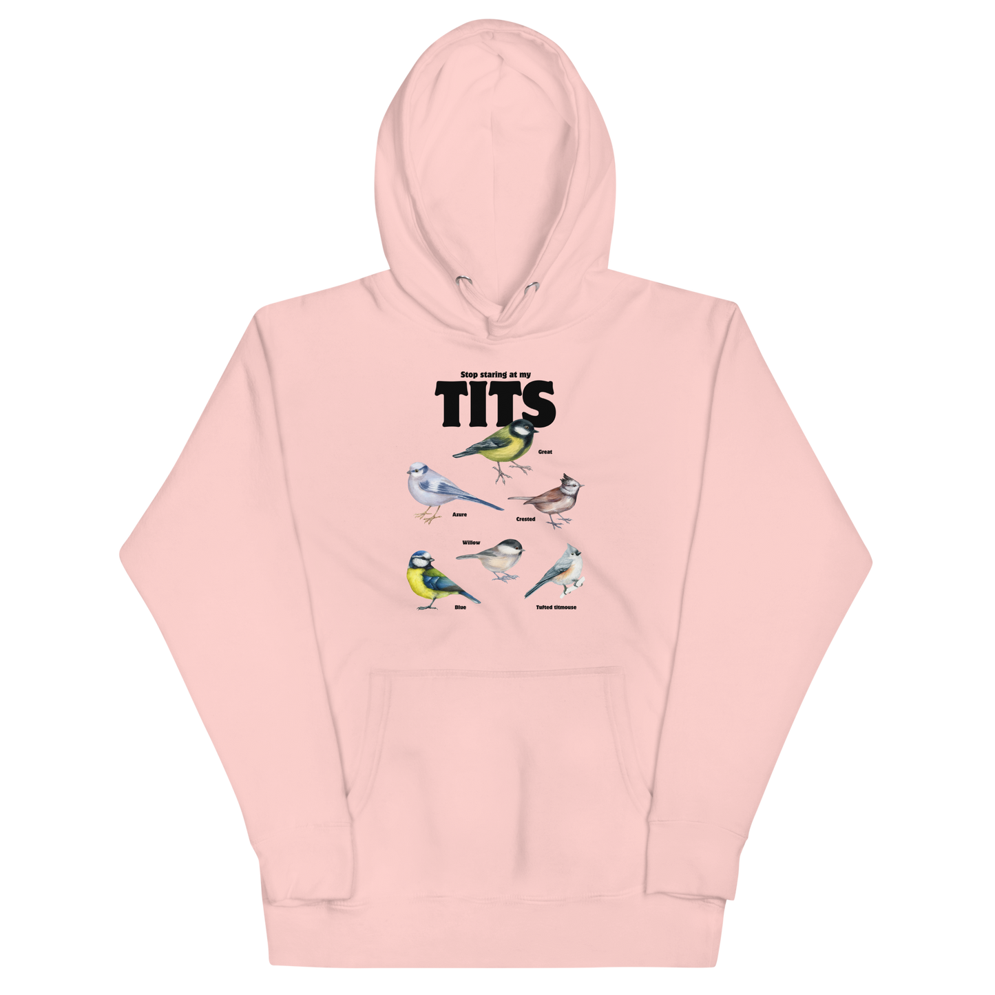 Funny Stop Staring At My Tits Bird premium graphic hoodie in light pink by Boozy Fox