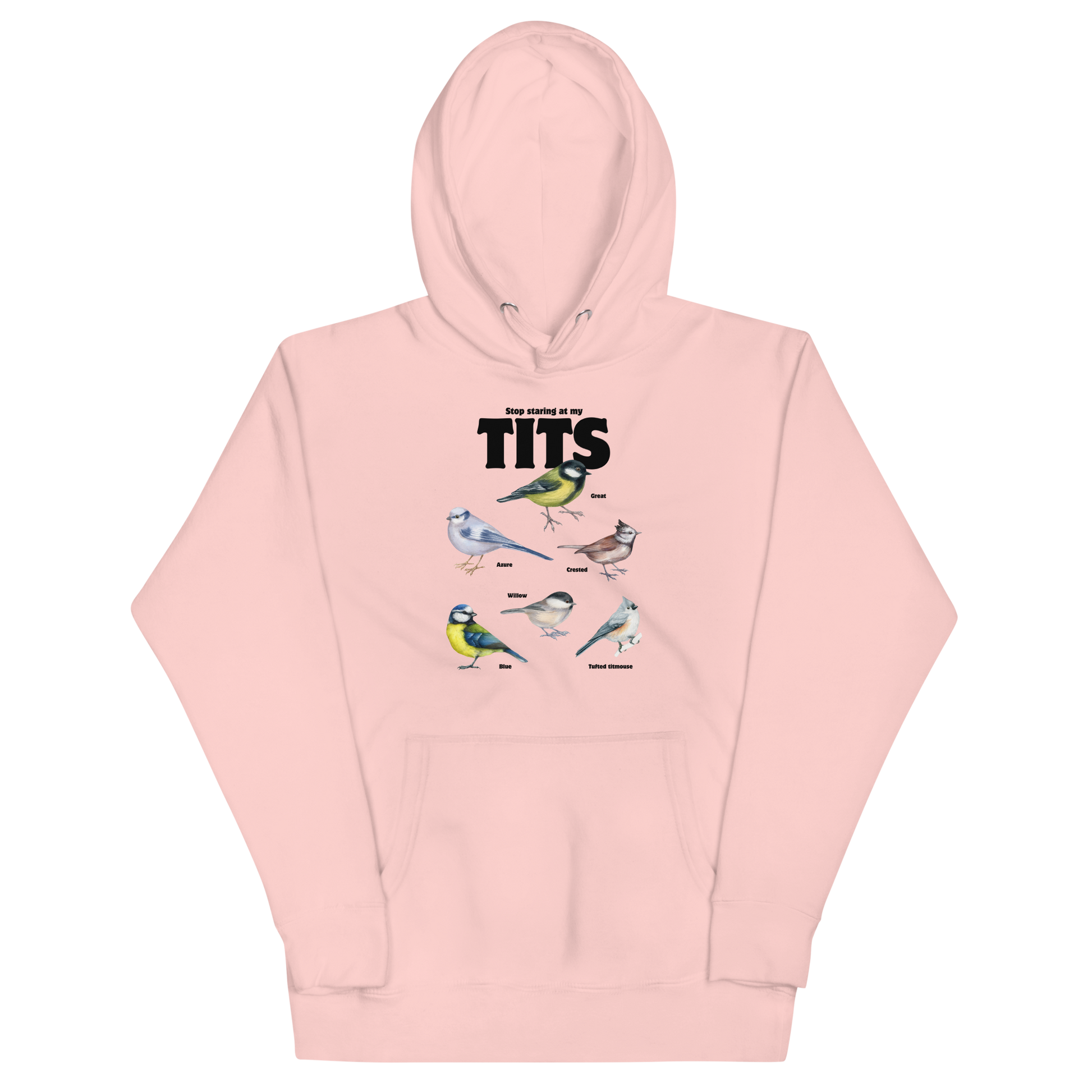 Funny Stop Staring At My Tits Bird premium graphic hoodie in light pink by Boozy Fox