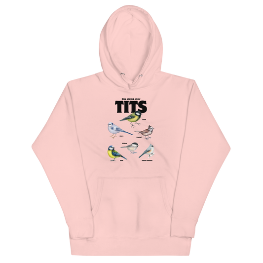 Funny Stop Staring At My Tits Bird premium graphic hoodie in light pink by Boozy Fox
