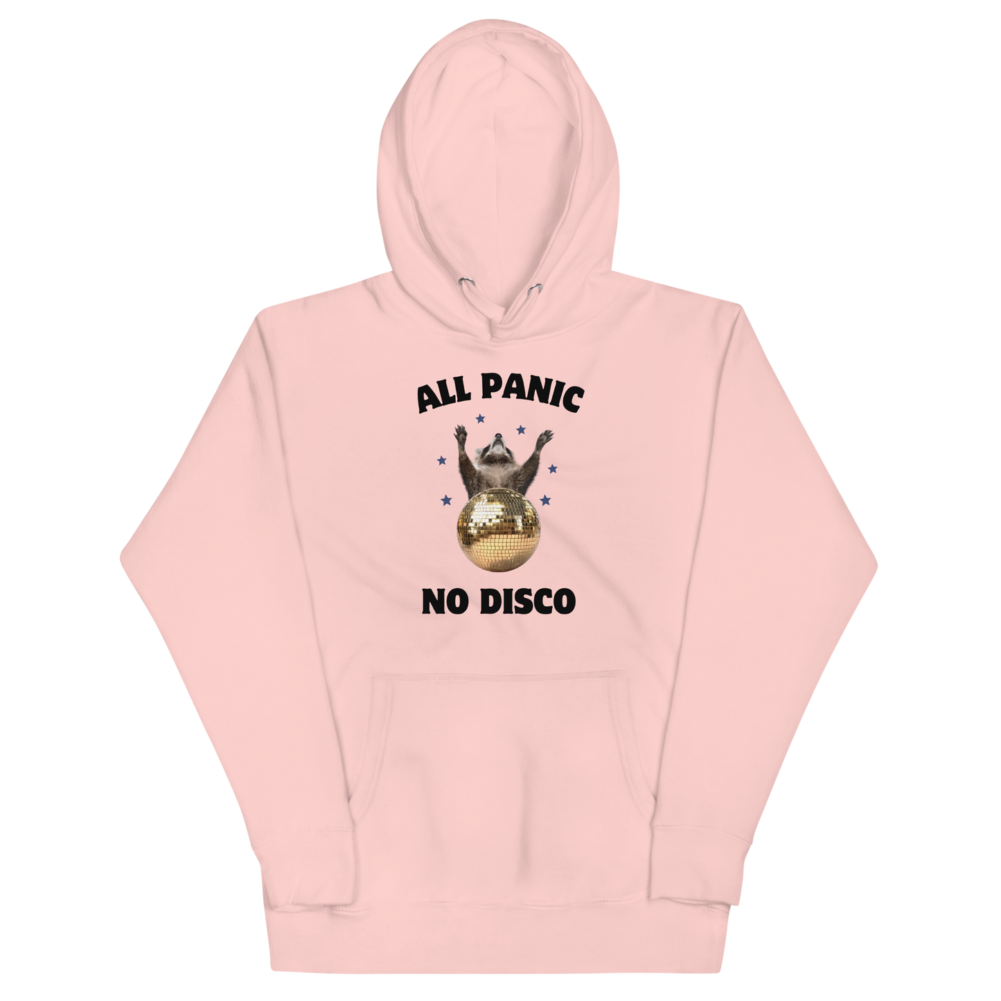 Funny All Panic No Disco Raccoon Disco Ball premium graphic hoodie in light pink by Boozy Fox