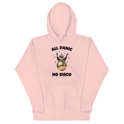 Funny All Panic No Disco Raccoon Disco Ball premium graphic hoodie in light pink by Boozy Fox