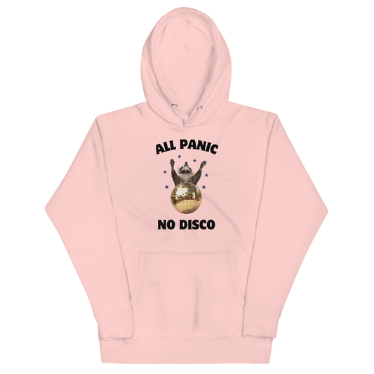 Funny All Panic No Disco Raccoon Disco Ball premium graphic hoodie in light pink by Boozy Fox