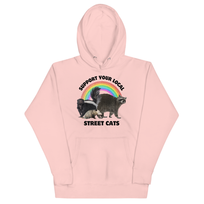 Funny Support Your Local Street Cats premium graphic hoodie in light pink by Boozy Fox