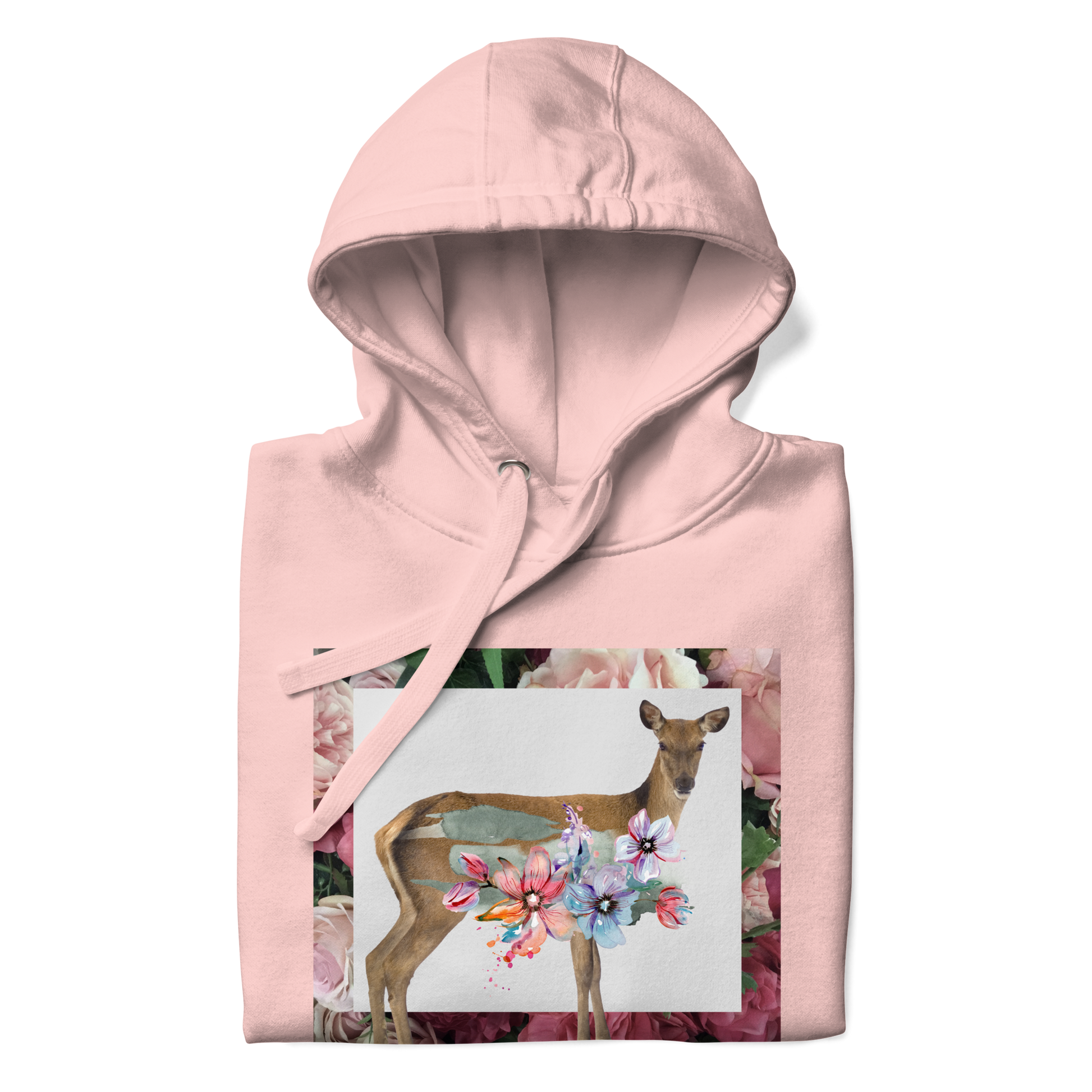 Front details of a Funny Floral Deer summer premium graphic hoodie in light pink by Boozy Fox