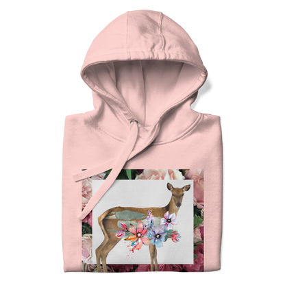 Front details of a Funny Floral Deer summer premium graphic hoodie in light pink by Boozy Fox