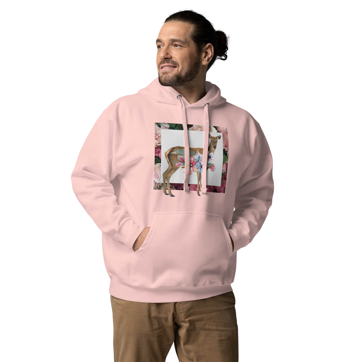 Man wearing a Funny Floral Deer summer premium graphic hoodie in light pink by Boozy Fox