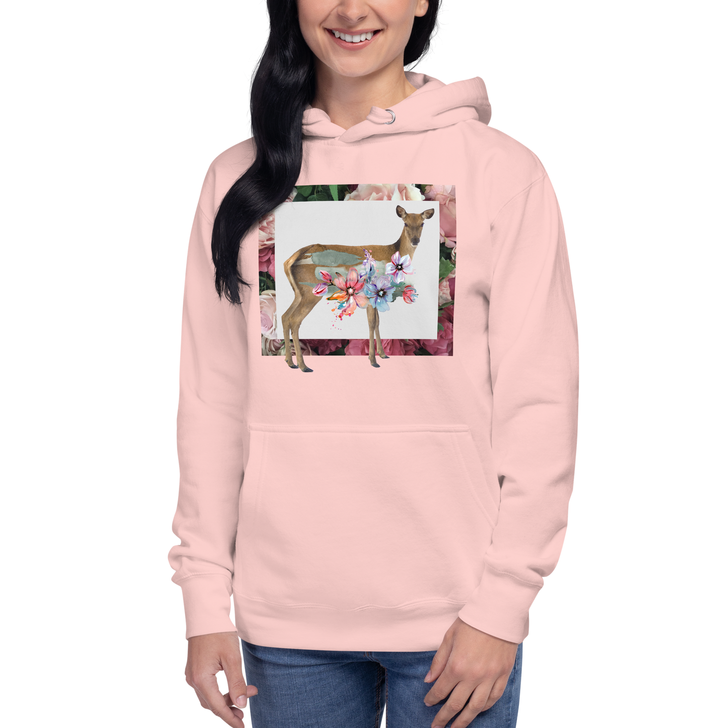 Woman wearing a Funny Floral Deer summer premium graphic hoodie in light pink by Boozy Fox