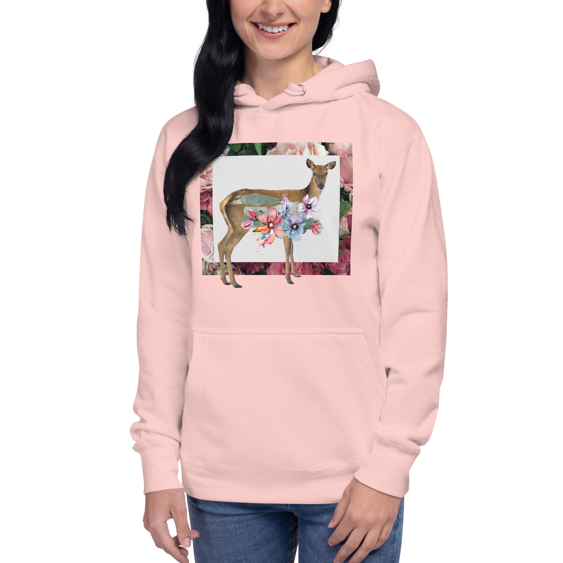 Woman wearing a Funny Floral Deer summer premium graphic hoodie in light pink by Boozy Fox