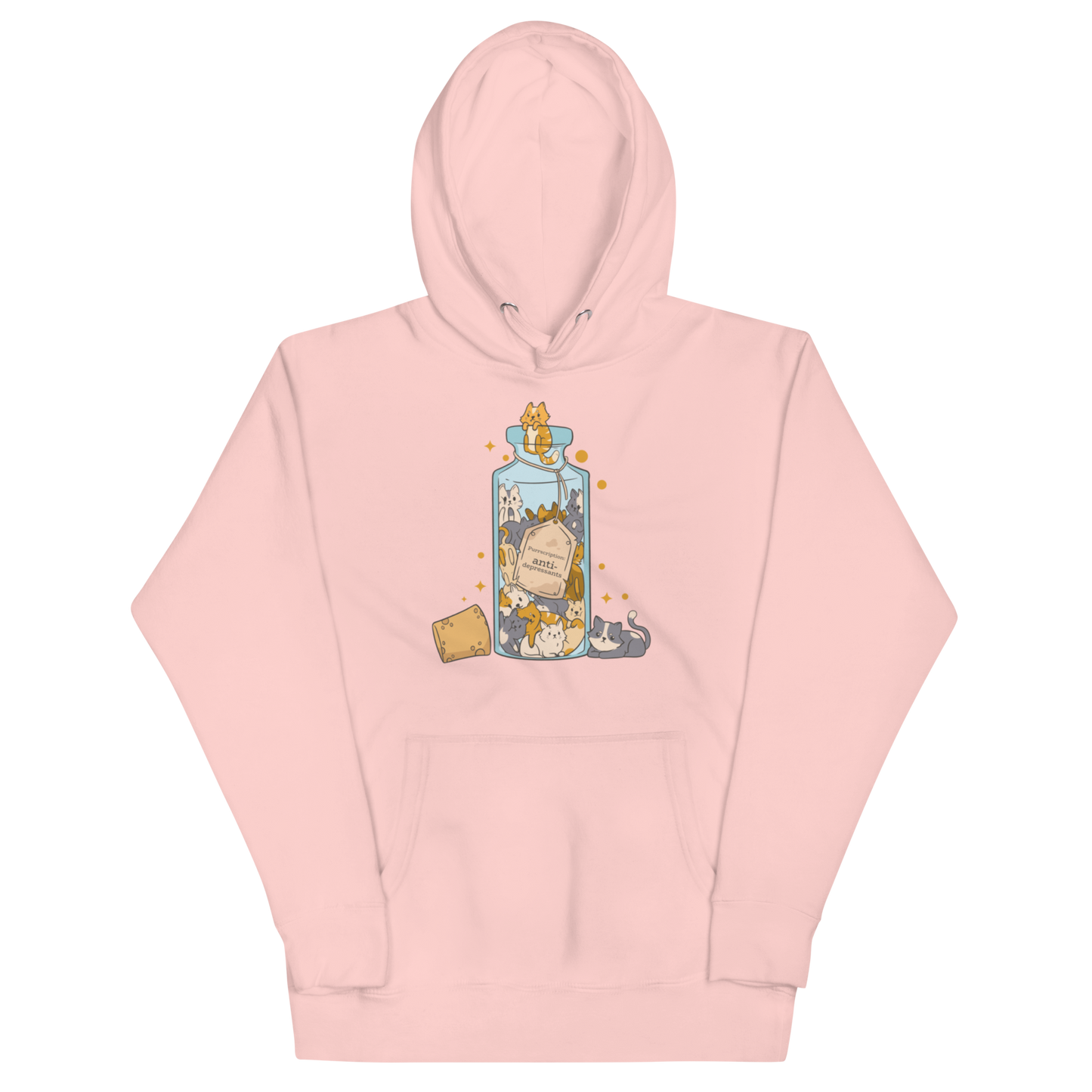 Funny Purrscription: Anti-depressants Cat premium graphic hoodie in light pink by Boozy Fox