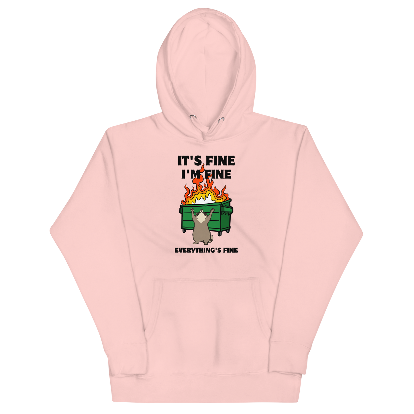 Funny Dumpster Fire Raccoon premium graphic hoodie in light pink by Boozy Fox