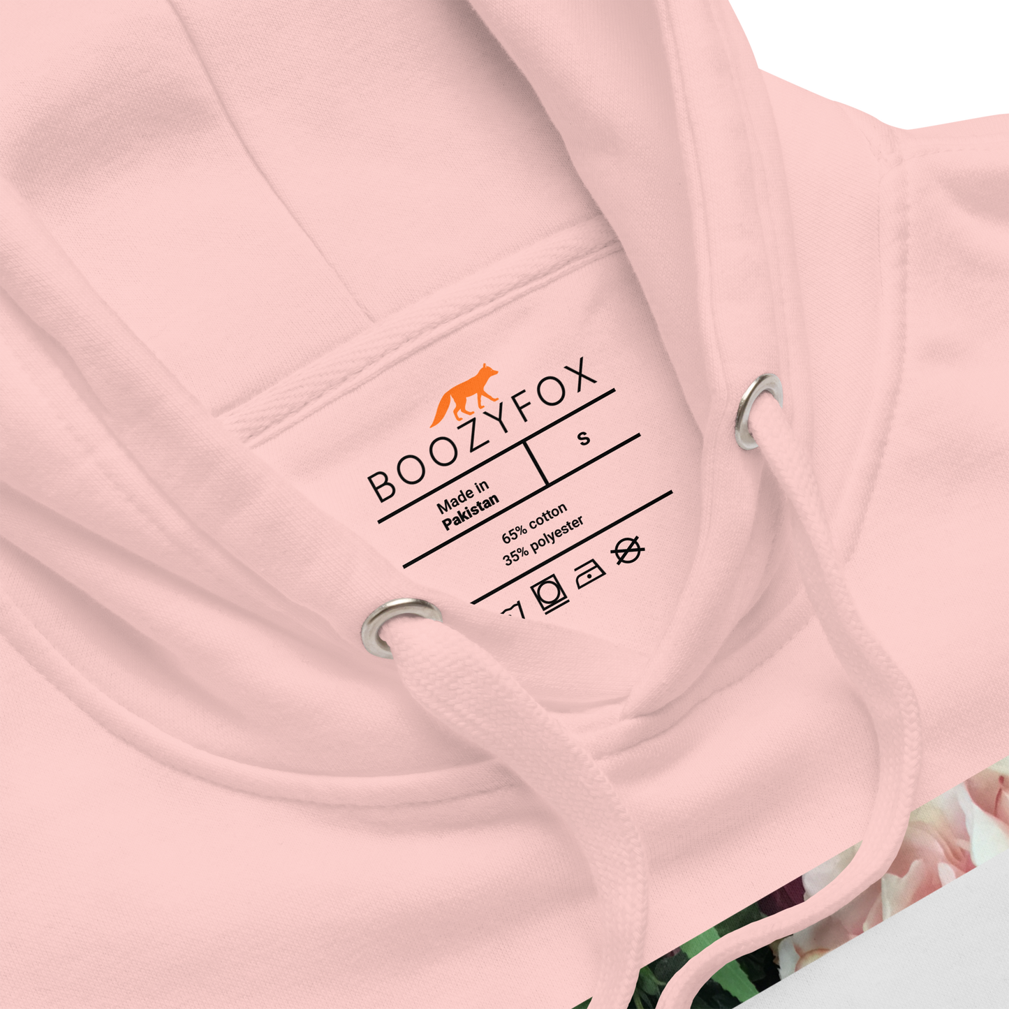 Product details of a premium graphic hoodie in light pink by Boozy Fox
