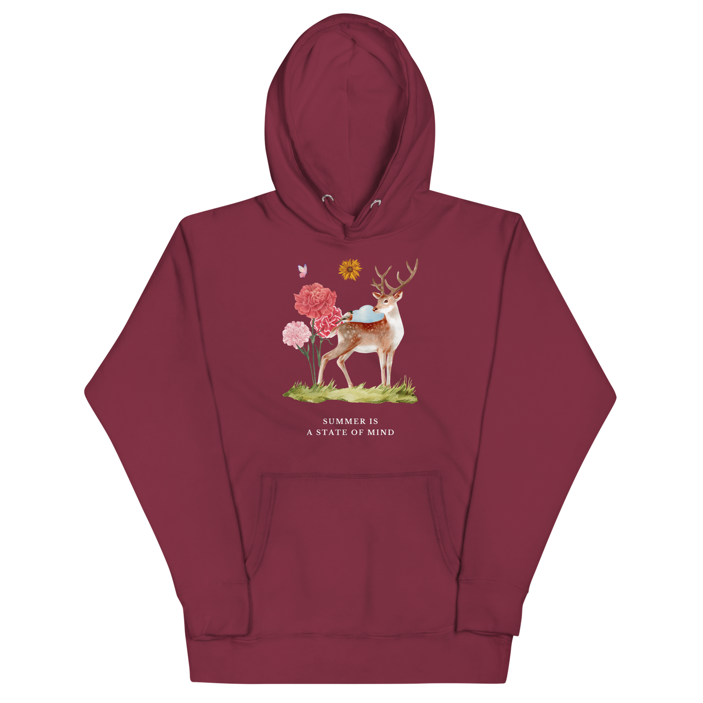Funny Summer Is a State of Mind Deer premium graphic hoodie in maroon by Boozy Fox