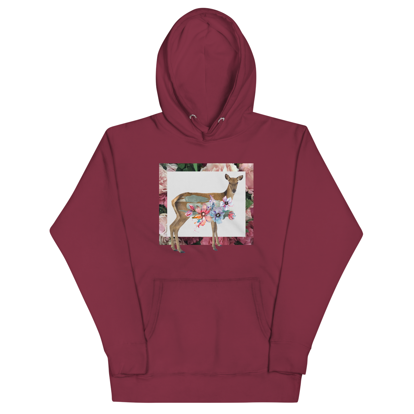 Funny Floral Deer summer premium graphic hoodie in maroon by Boozy Fox