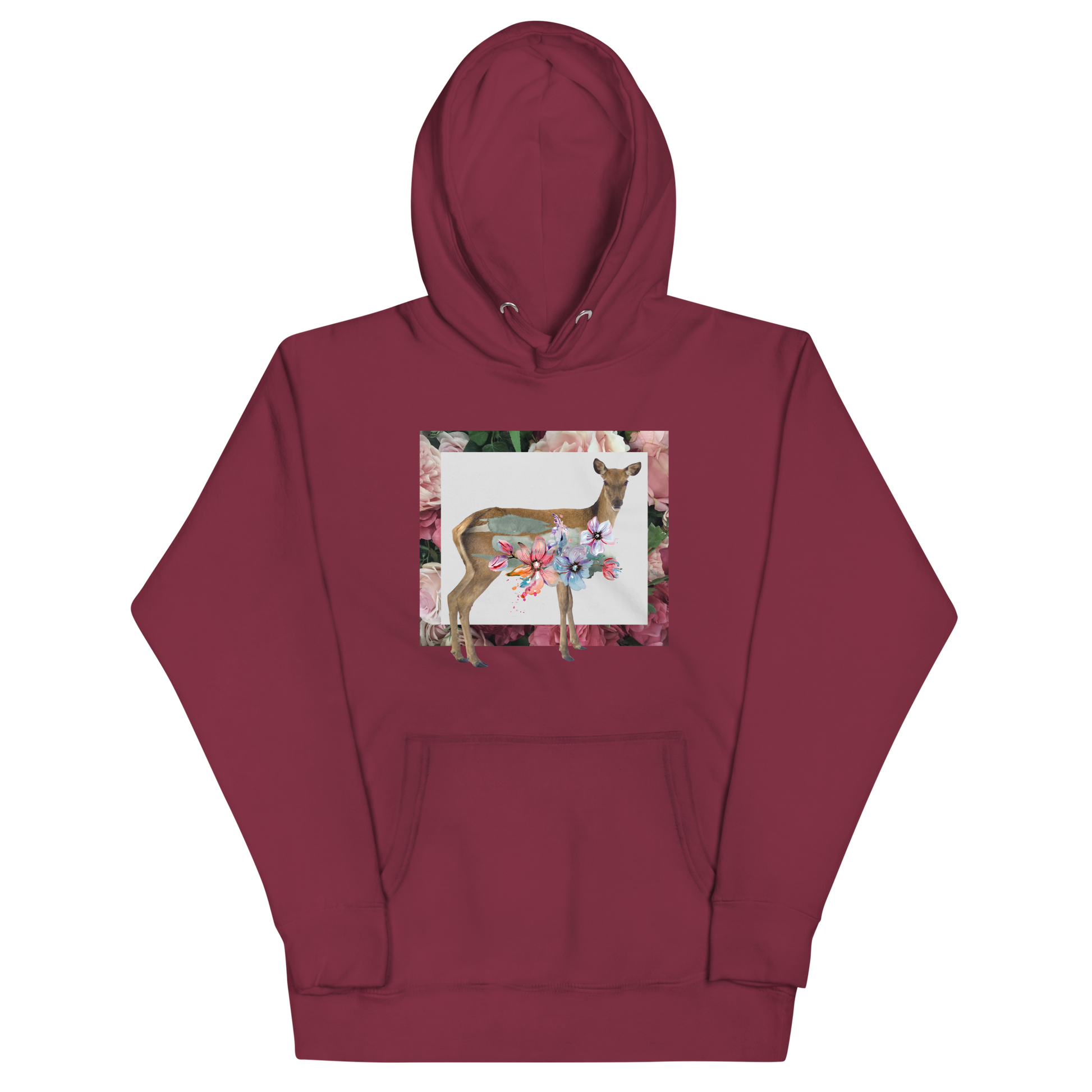 Funny Floral Deer summer premium graphic hoodie in maroon by Boozy Fox