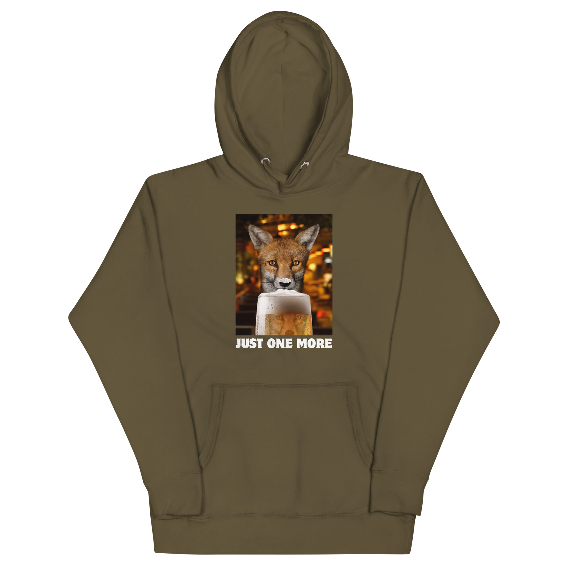 Funny Just One More Fox premium graphic hoodie in military green by Boozy Fox