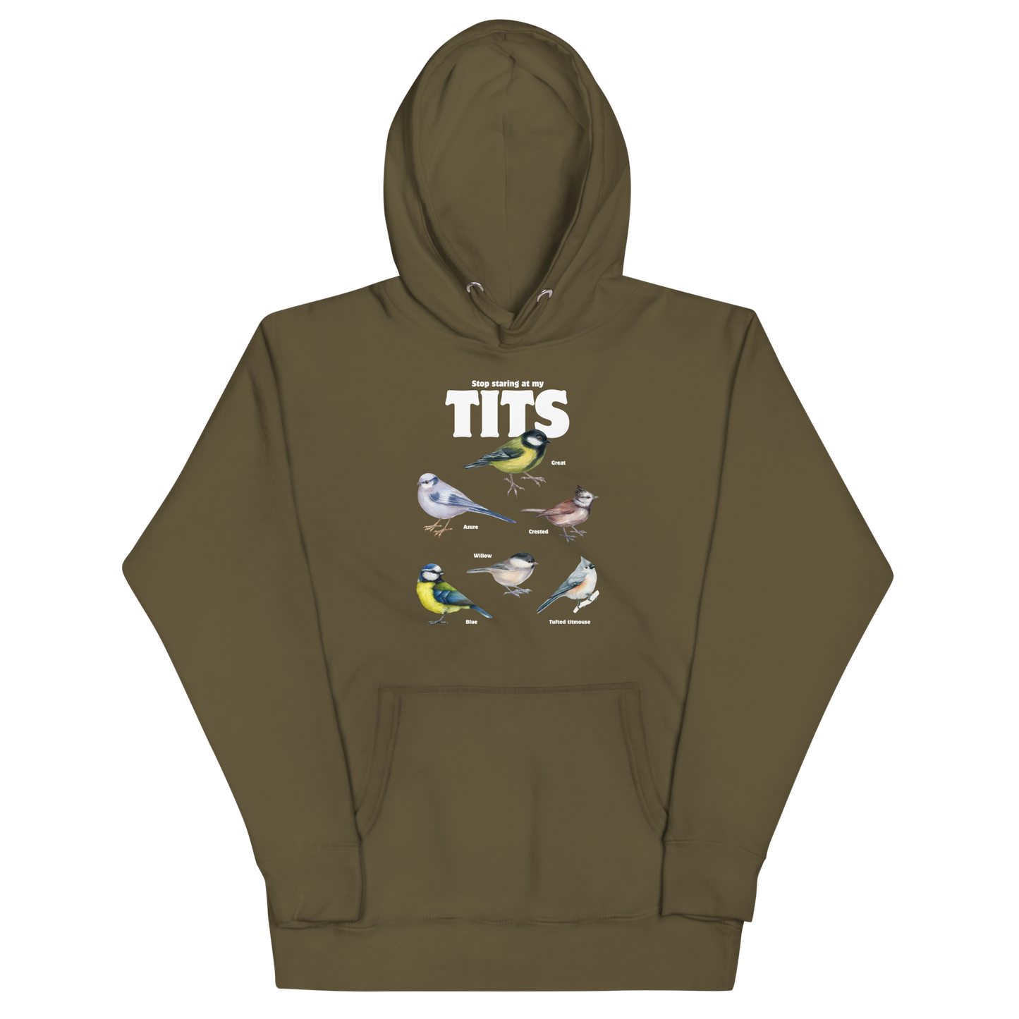 Funny Stop Staring At My Tits Bird premium graphic hoodie in military green by Boozy Fox