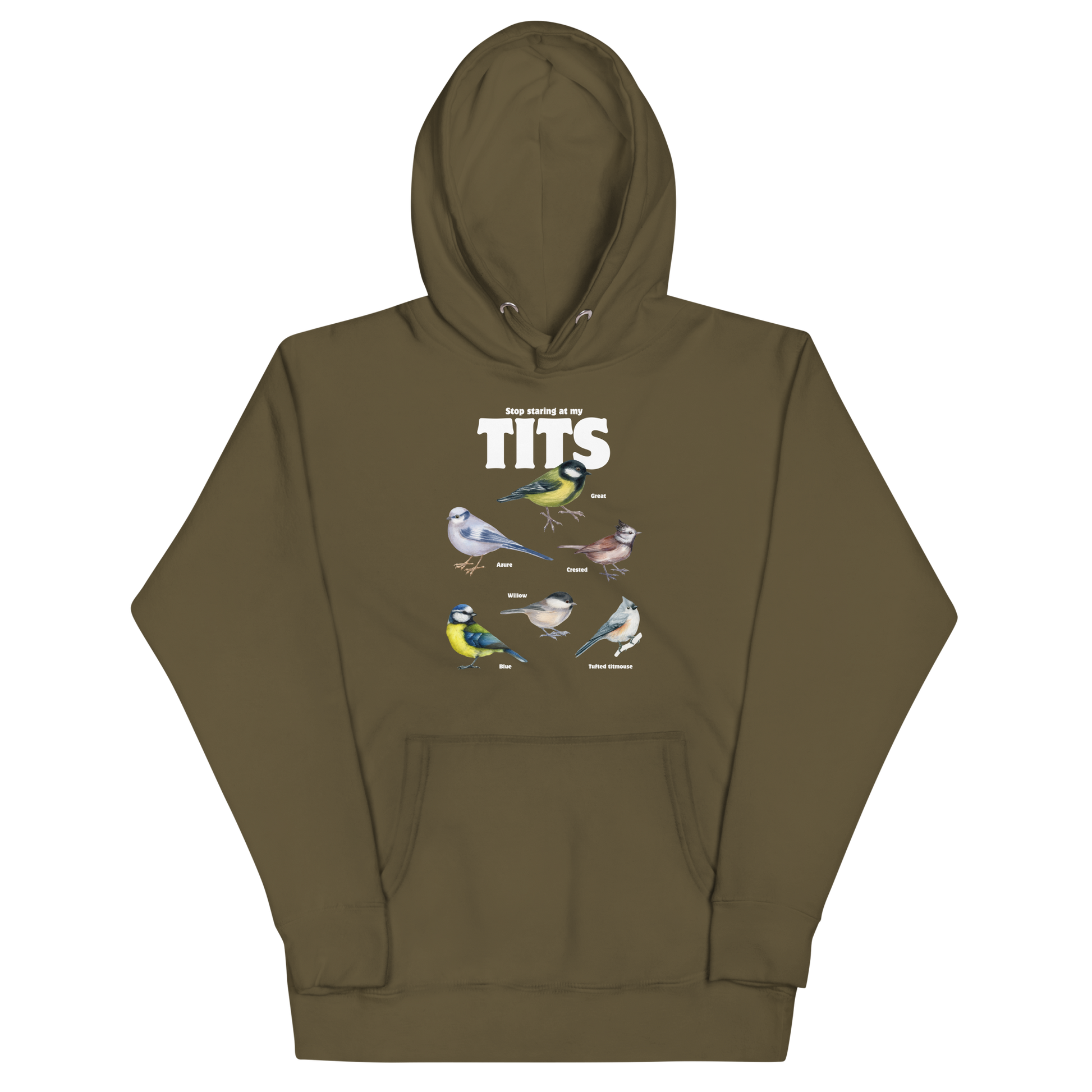Funny Stop Staring At My Tits Bird premium graphic hoodie in military green by Boozy Fox