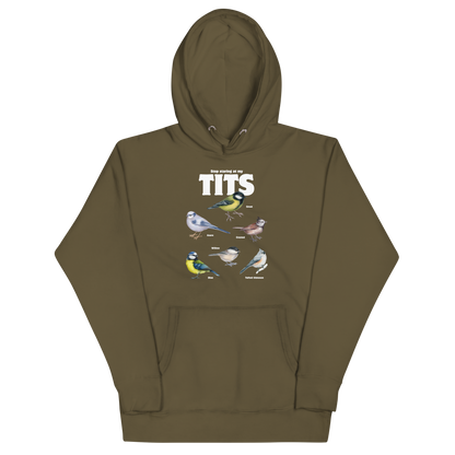 Funny Stop Staring At My Tits Bird premium graphic hoodie in military green by Boozy Fox