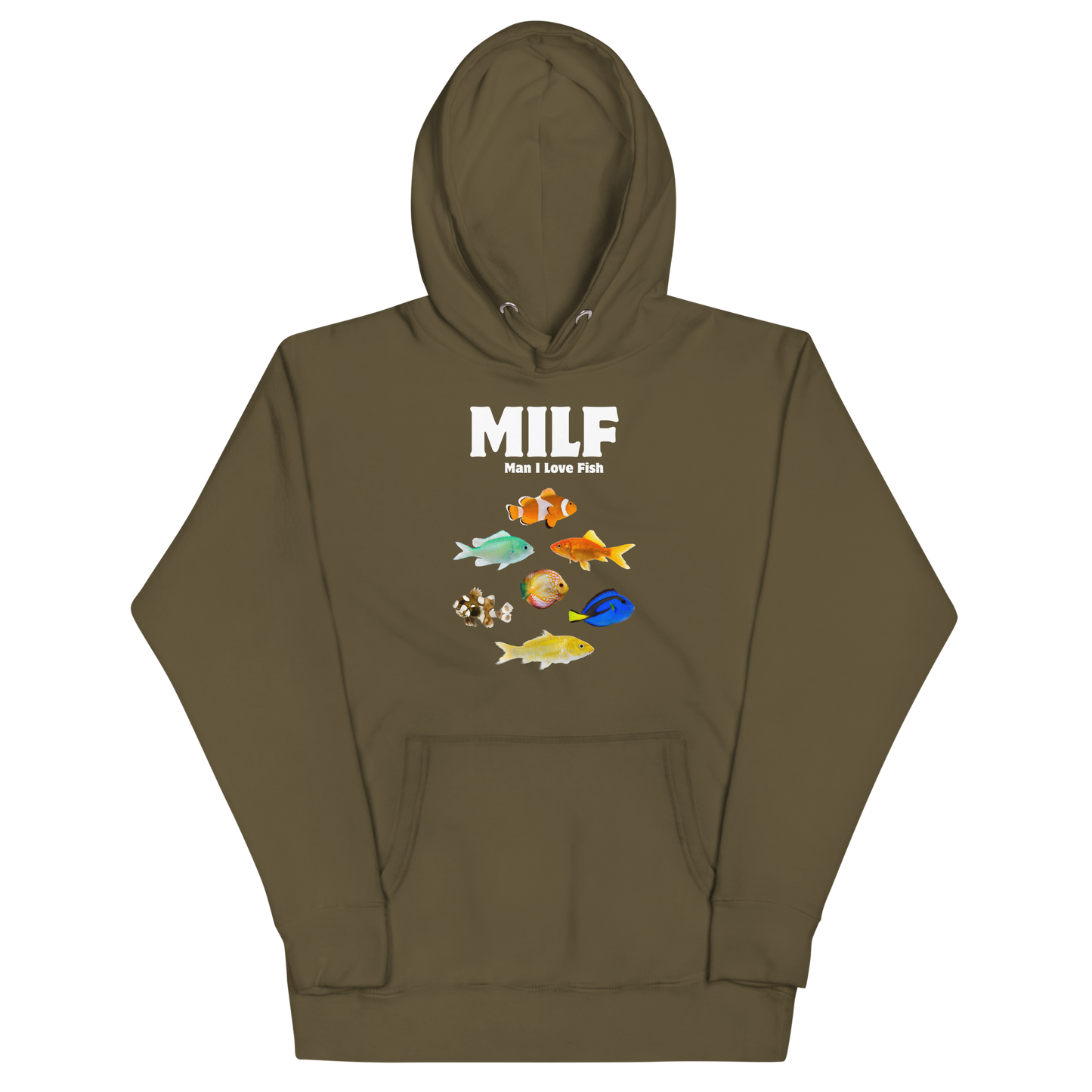 Funny Man I Love Fish premium graphic hoodie in military green by Boozy Fox