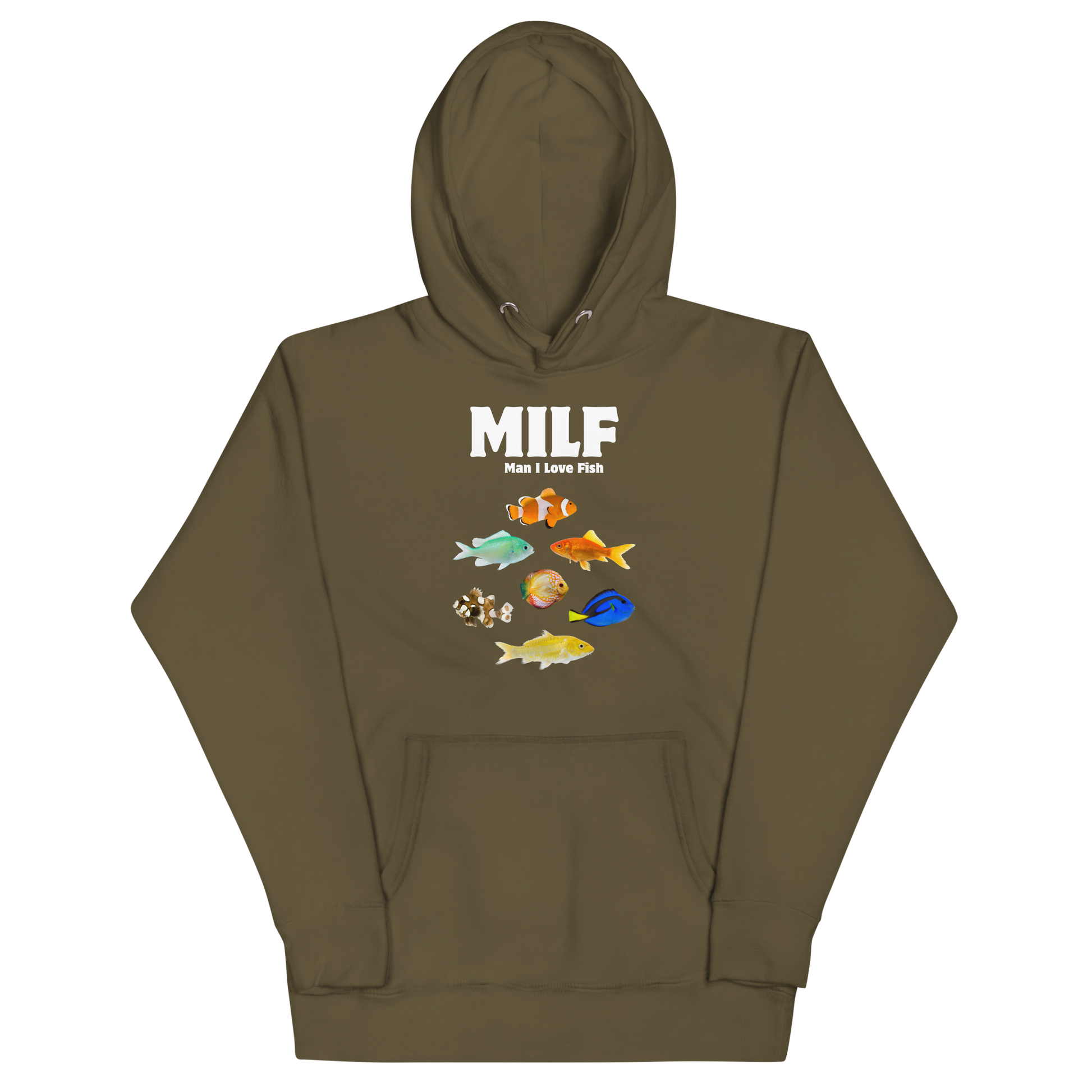 Funny Man I Love Fish premium graphic hoodie in military green by Boozy Fox
