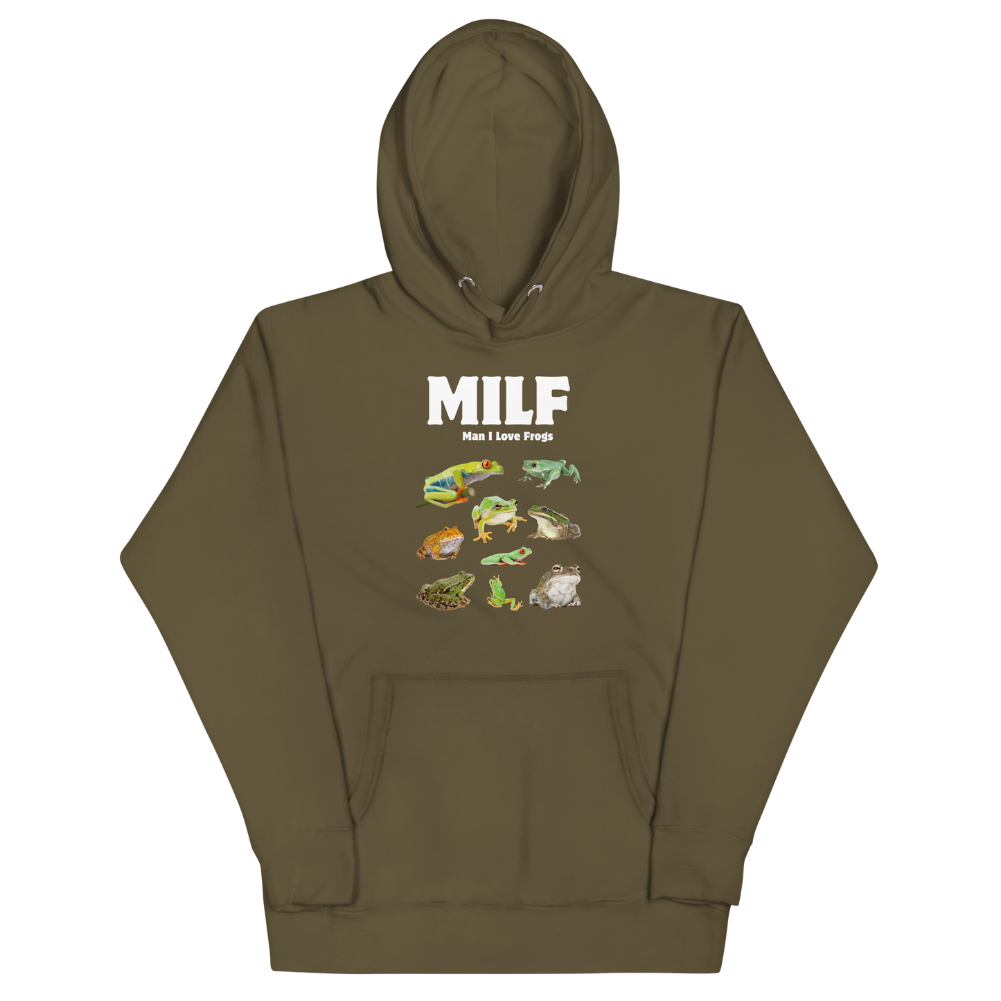 Funny Man I Love Frogs premium graphic hoodie in military green by Boozy Fox