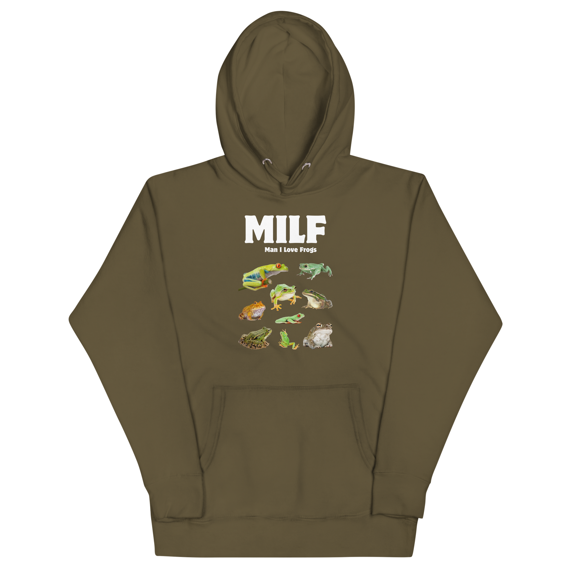 Funny Man I Love Frogs premium graphic hoodie in military green by Boozy Fox