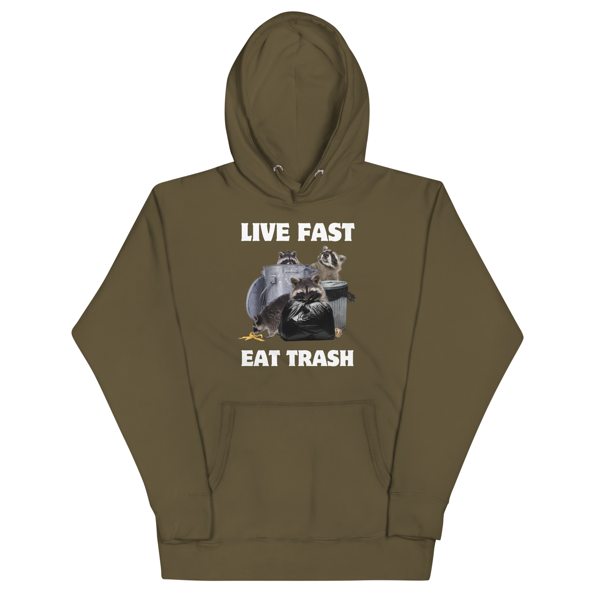 Funny Live Fast Eat Trash Raccoon premium graphic hoodie in military green by Boozy Fox