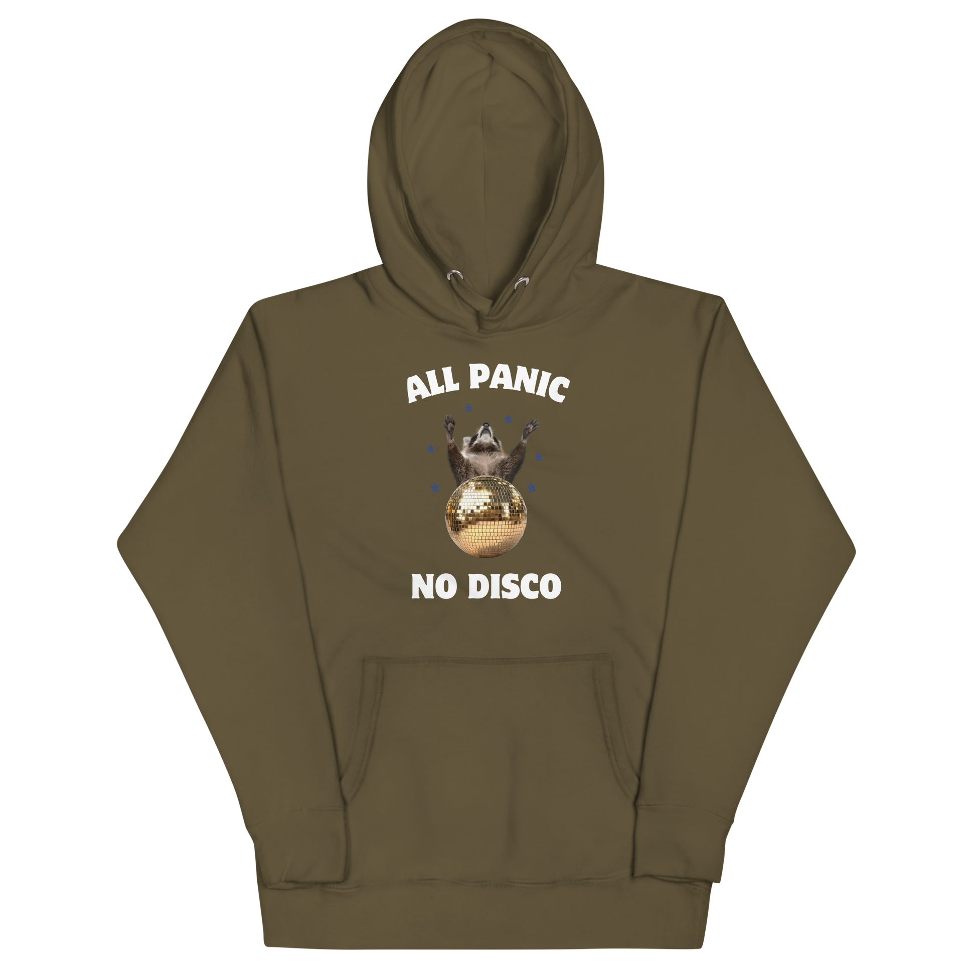 Funny All Panic No Disco Raccoon Disco Ball premium graphic hoodie in military green by Boozy Fox