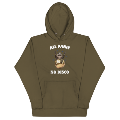 Funny All Panic No Disco Raccoon Disco Ball premium graphic hoodie in military green by Boozy Fox