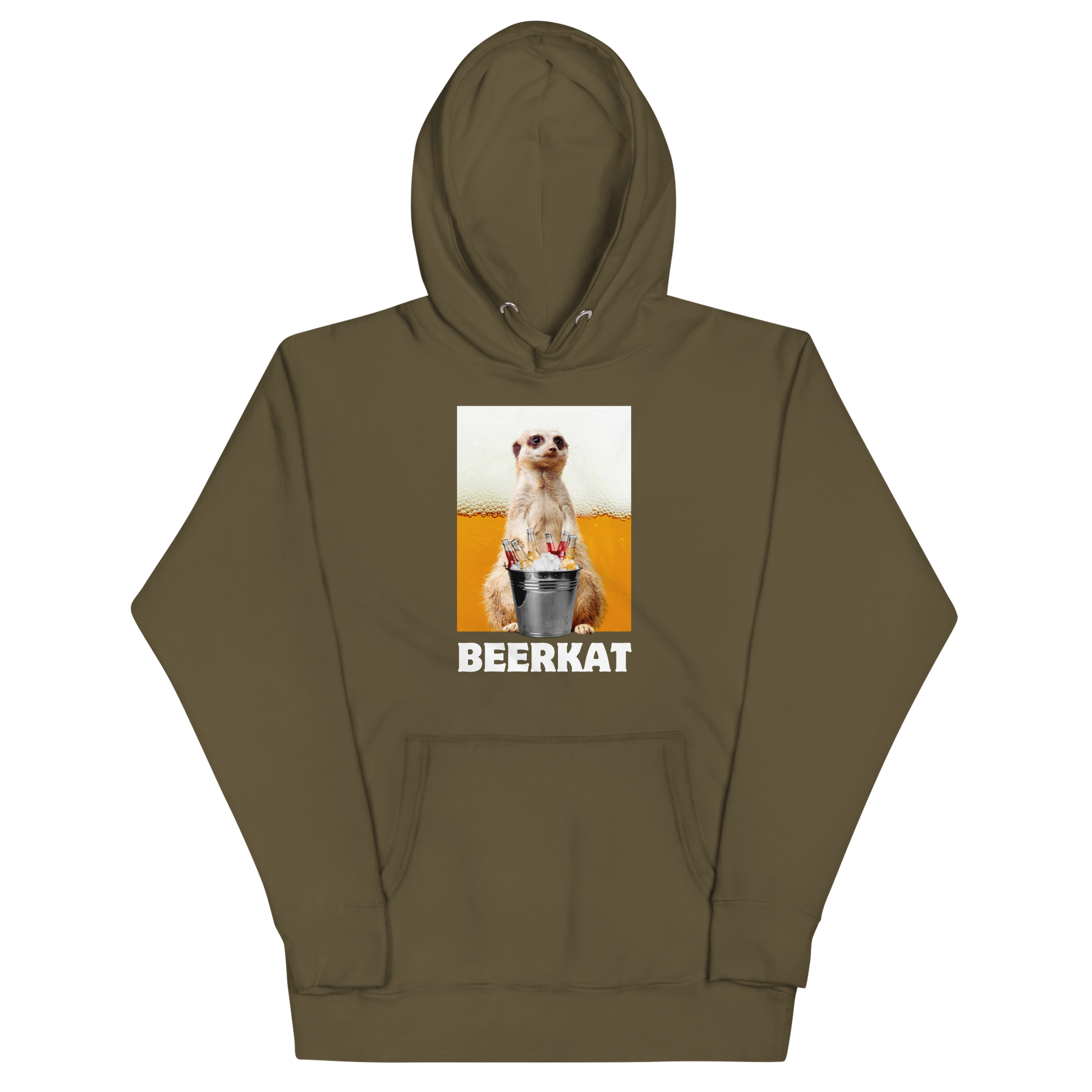 Funny Meerkat Beer premium graphic hoodie in military green by Boozy Fox