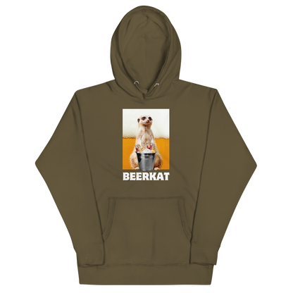 Funny Meerkat Beer premium graphic hoodie in military green by Boozy Fox