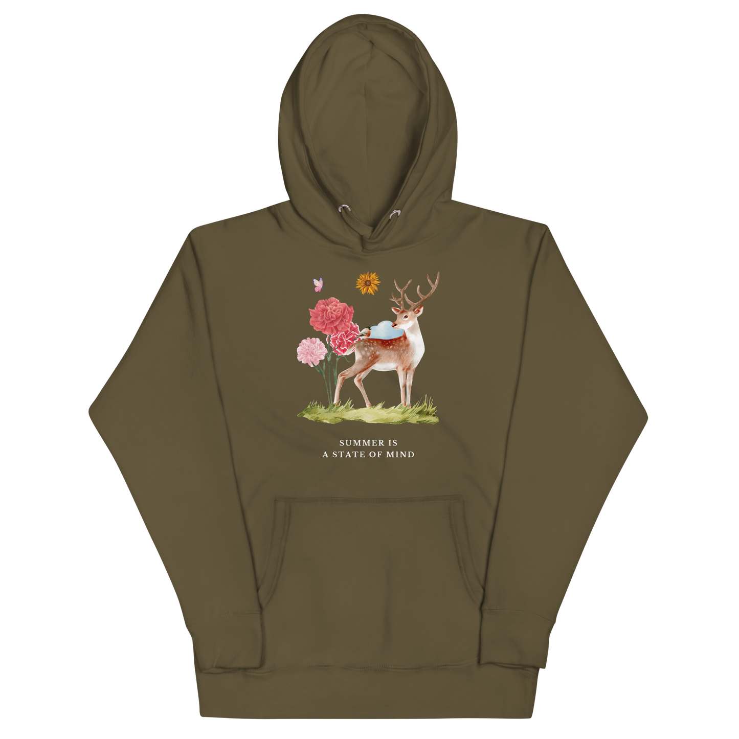 Funny Summer Is a State of Mind Deer premium graphic hoodie in military green by Boozy Fox