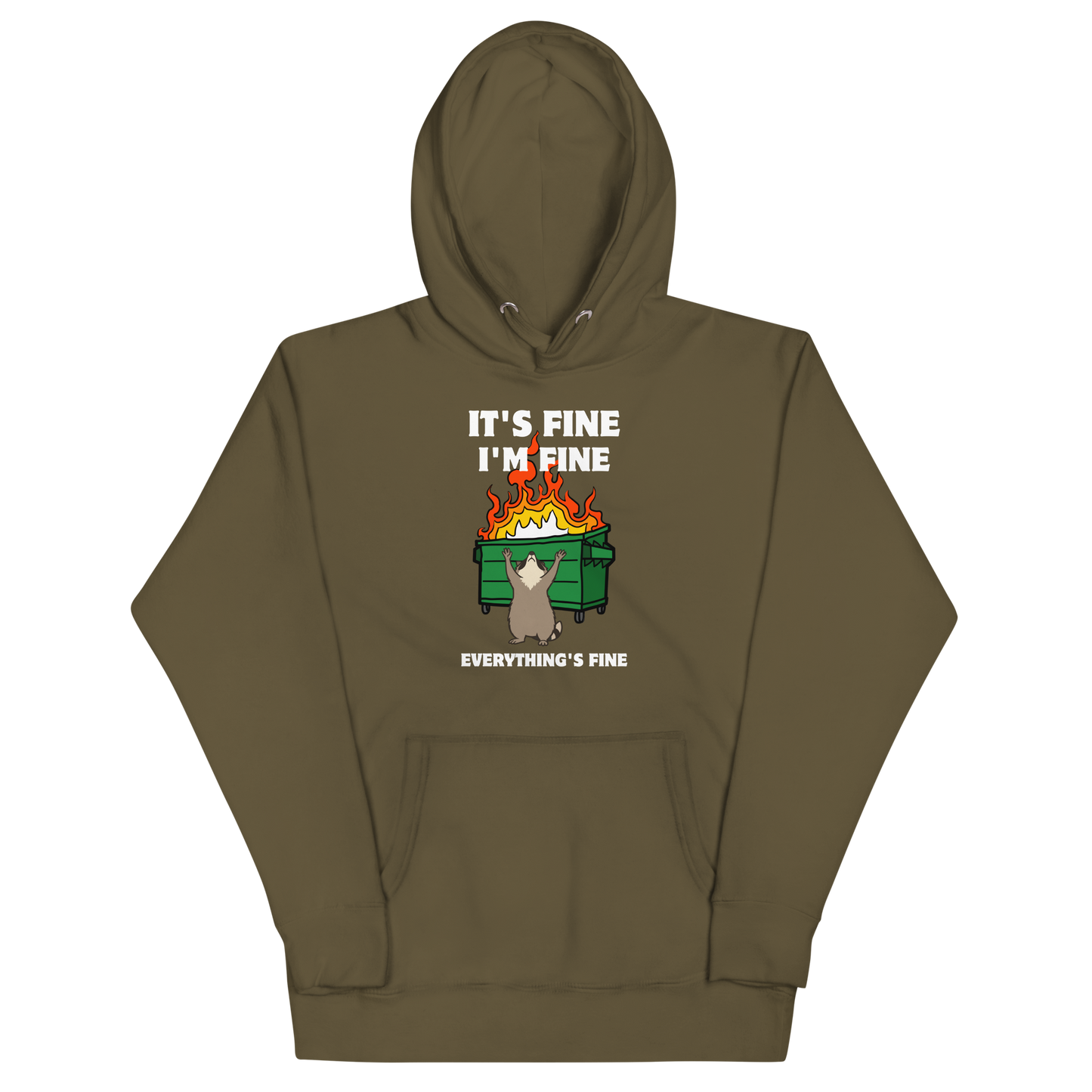 Funny Dumpster Fire Raccoon premium graphic hoodie in military green by Boozy Fox