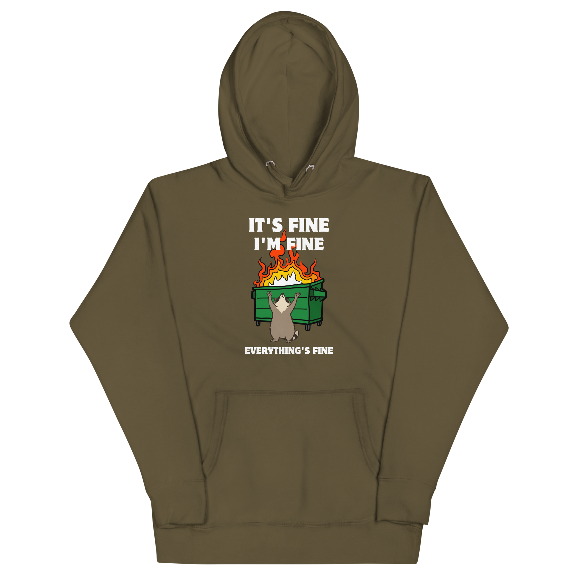 Funny Dumpster Fire Raccoon premium graphic hoodie in military green by Boozy Fox