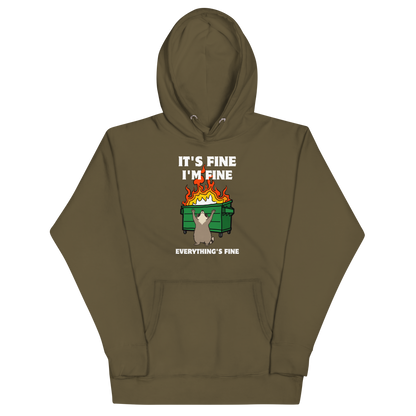 Funny Dumpster Fire Raccoon premium graphic hoodie in military green by Boozy Fox