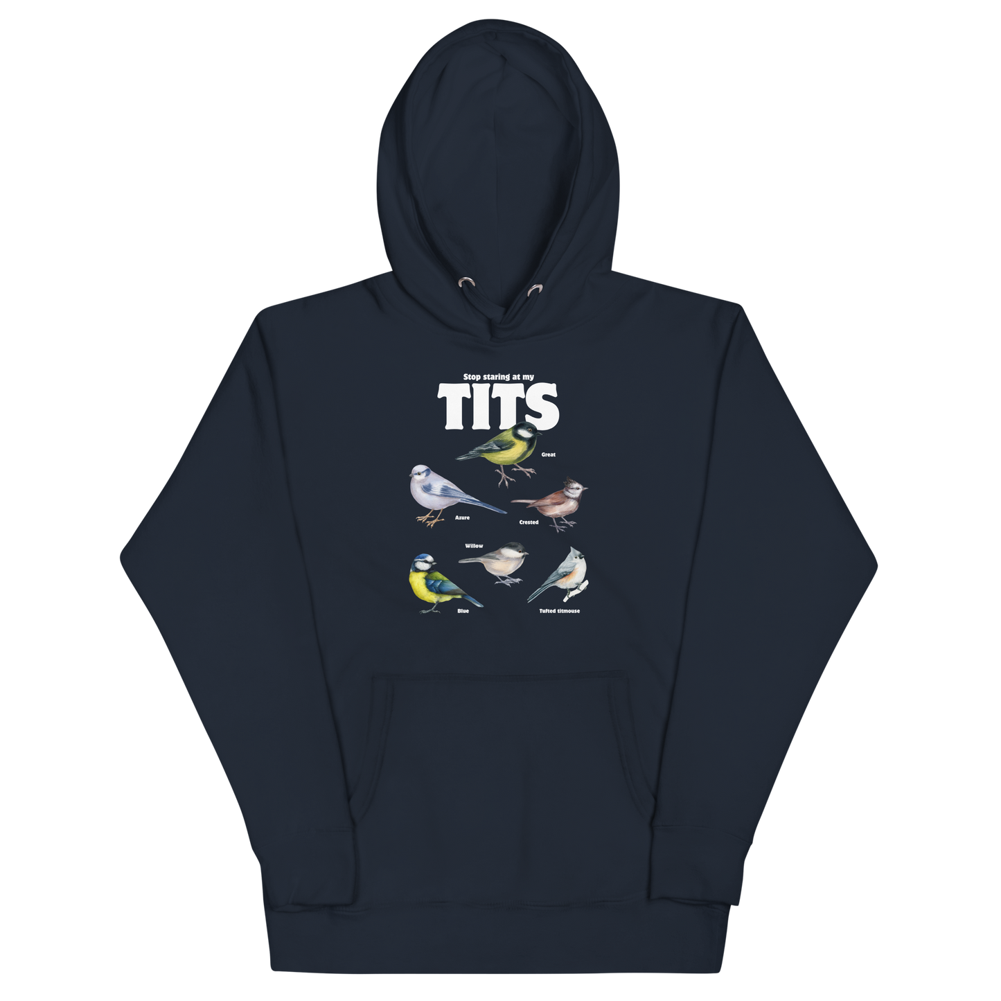 Funny Stop Staring At My Tits Bird premium graphic hoodie in navy blazer by Boozy Fox