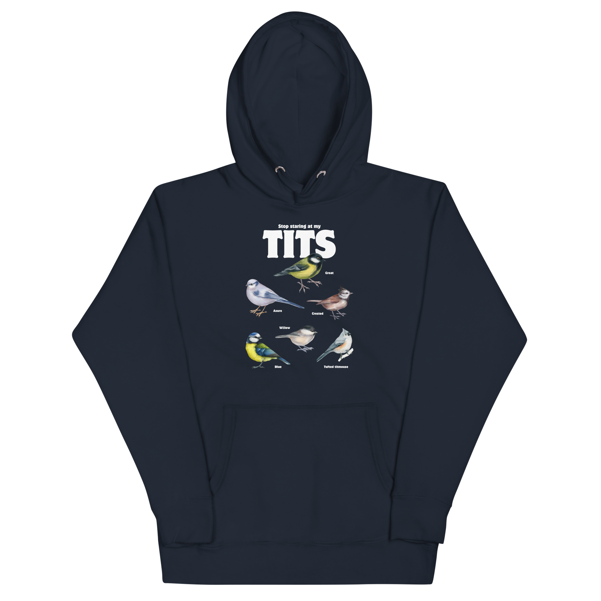 Funny Stop Staring At My Tits Bird premium graphic hoodie in navy blazer by Boozy Fox