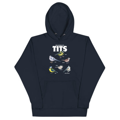 Funny Stop Staring At My Tits Bird premium graphic hoodie in navy blazer by Boozy Fox