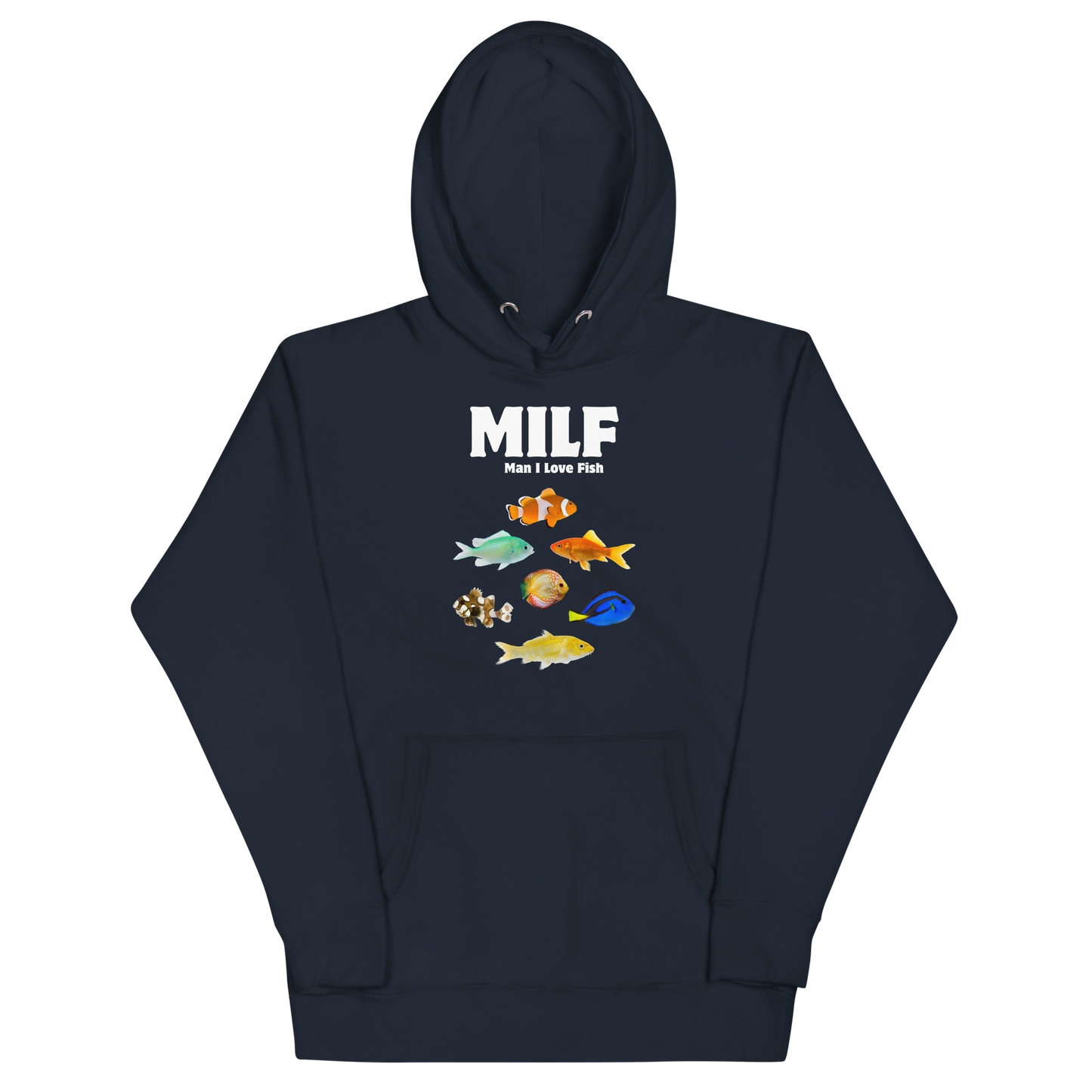 Funny Man I Love Fish premium graphic hoodie in navy blazer by Boozy Fox