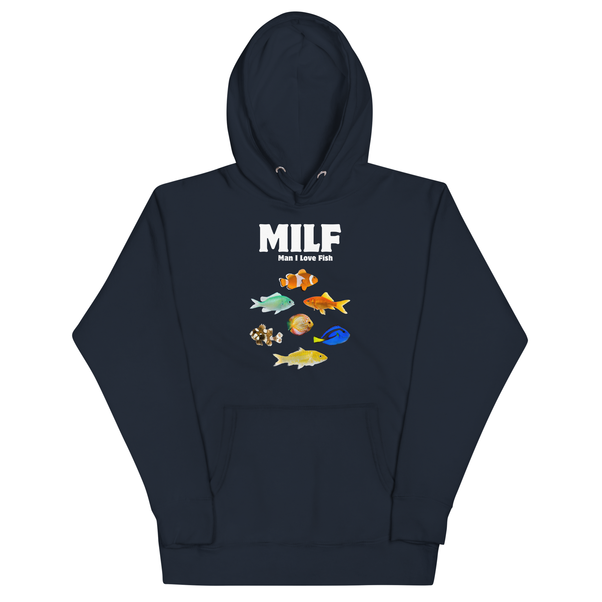 Funny Man I Love Fish premium graphic hoodie in navy blazer by Boozy Fox