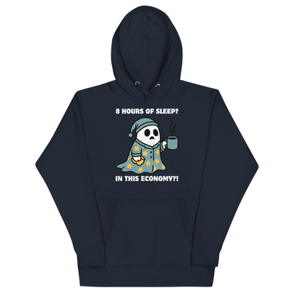 Funny 8 hours of sleep? In this economy?! Coffee premium graphic hoodie in navy blazer by Boozy Fox