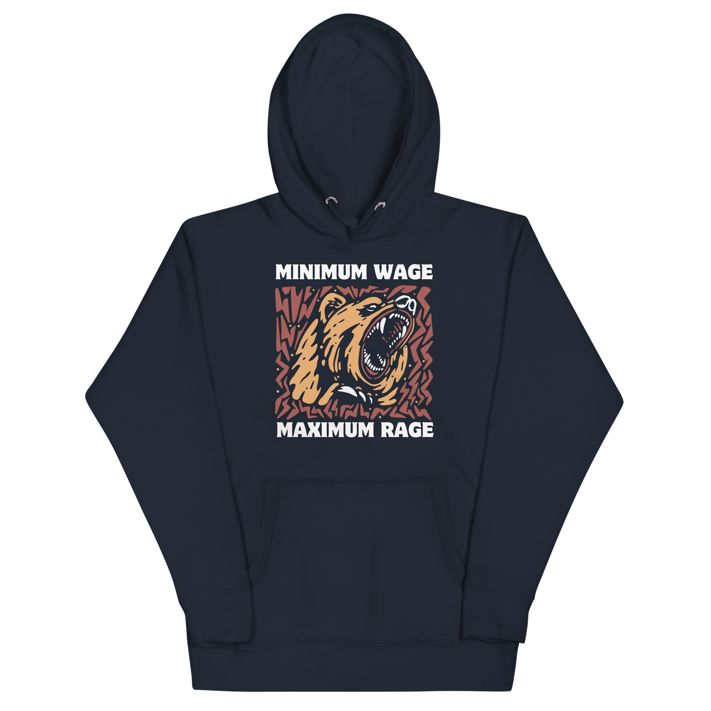 Funny Minimum Wage Maximum Rage Bear premium graphic hoodie in navy blazer by Boozy Fox