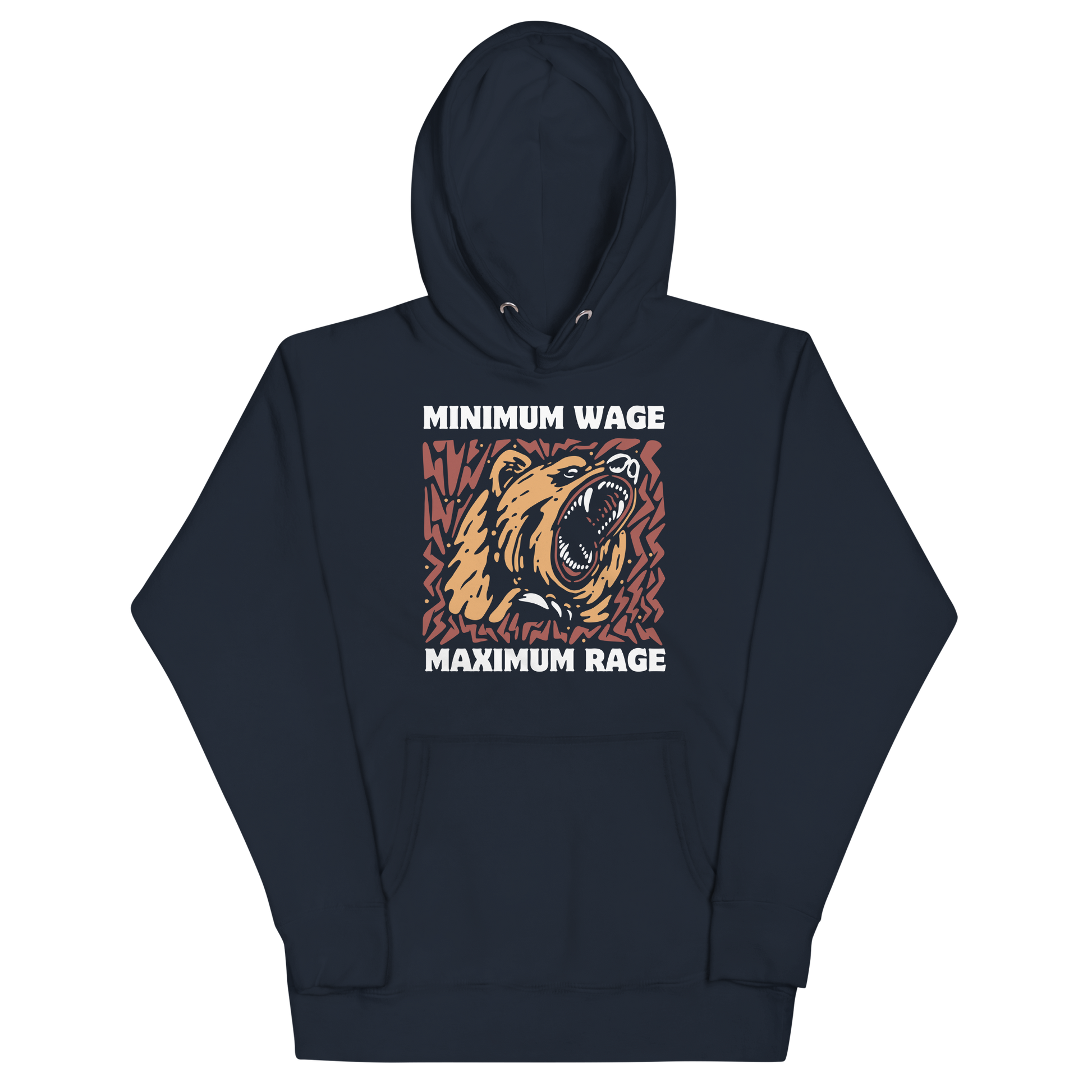 Funny Minimum Wage Maximum Rage Bear premium graphic hoodie in navy blazer by Boozy Fox