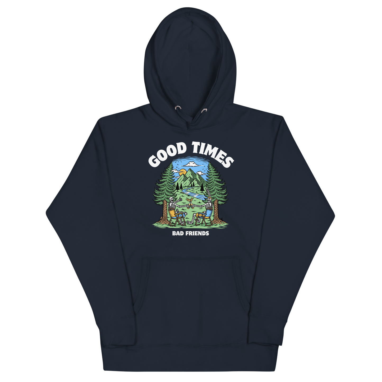 Funny Good Times Bad Friends skeleton beer premium graphic hoodie in navy blazer by Boozy Fox